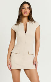Nina Mini Dress - Zip Front Cap Sleeve Dress in Cream